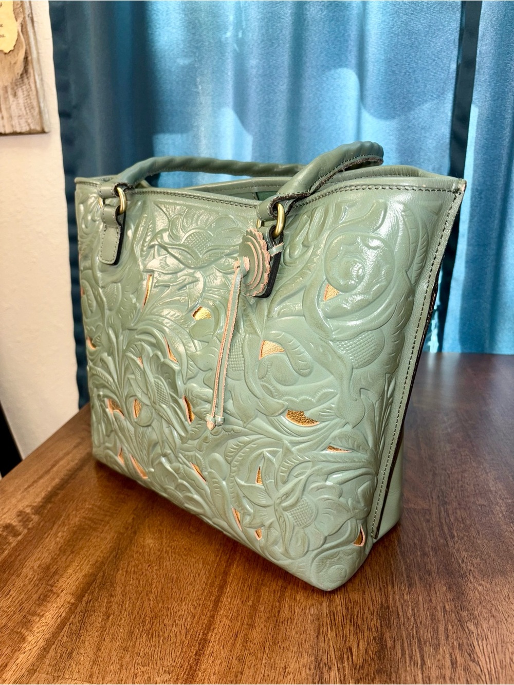 Patricia Nash GUC Adeline Tote Bag - Light Sage Green - Floral Tooled Leather - Picture 11 of 14